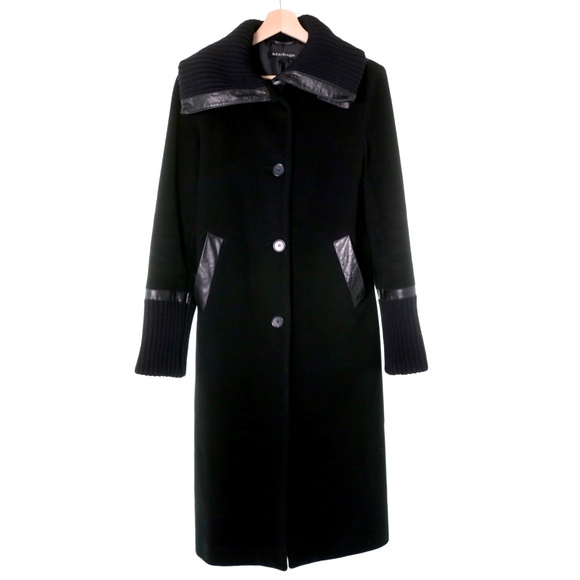 Mackage Black Wool Cashmere Leather Trim Long Trench Coat
